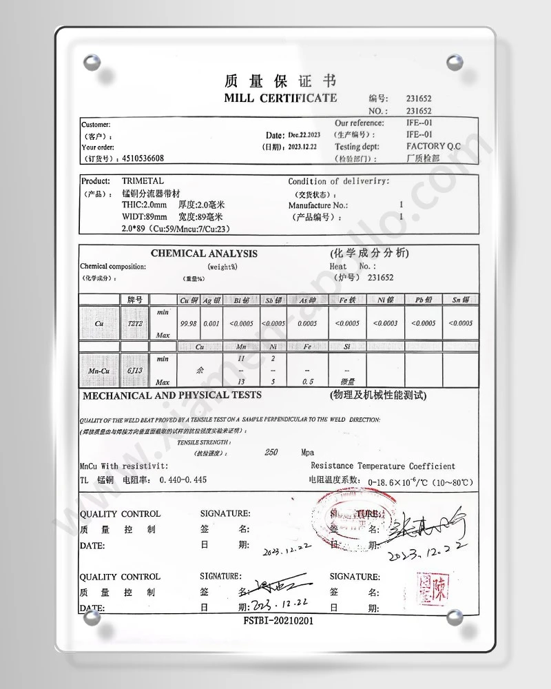 EBW Manganese Copper Shunt Material Report for Latching Relay Part EBW Manganese Copper Shunt Material Report for Latching Relay Part